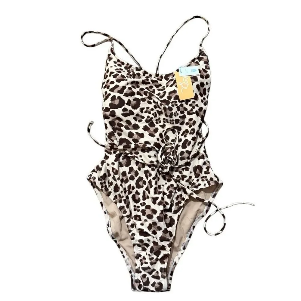 Kona sol women’s leopard print one piece bikini with waist tie size large
